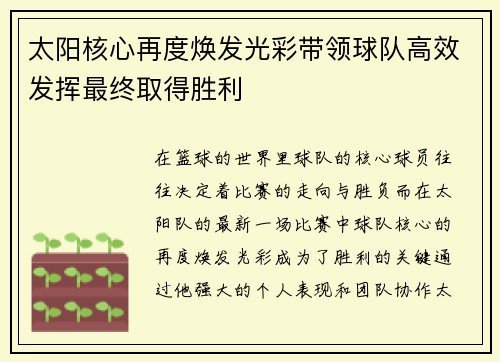 太阳核心再度焕发光彩带领球队高效发挥最终取得胜利