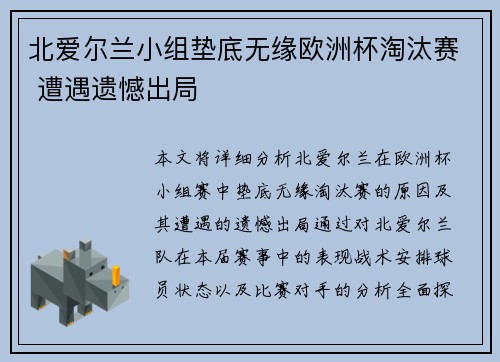 北爱尔兰小组垫底无缘欧洲杯淘汰赛 遭遇遗憾出局